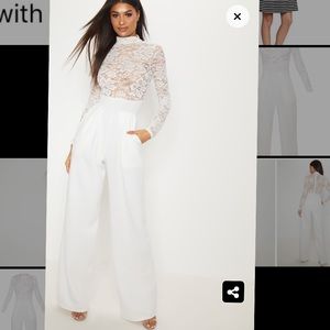White lace high neck long sleeve jumpsuit